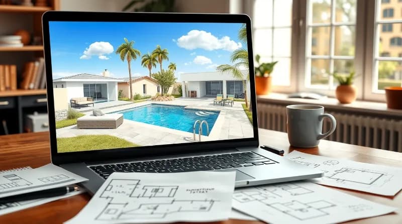 Professional 3D design rendering showing outdoor hardscape visualization before construction